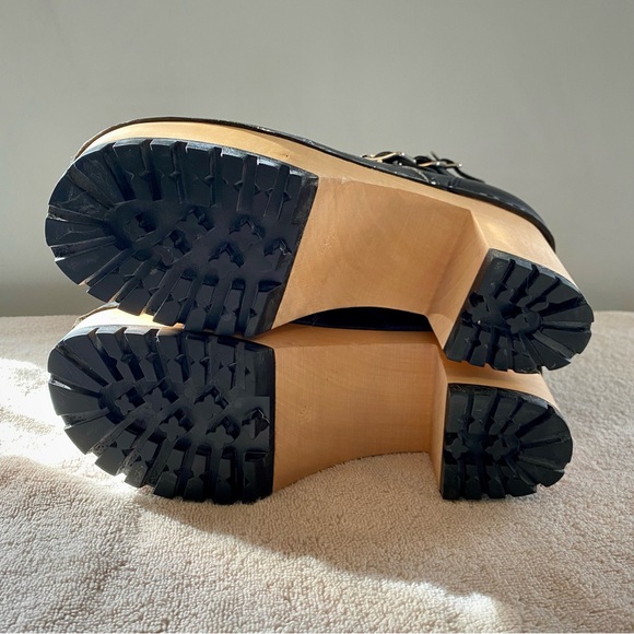 Swedish Hasbeens Buckle Boots Black Leather Platform Clog Shoes US 9 EU 39 - Picture 5 of 11